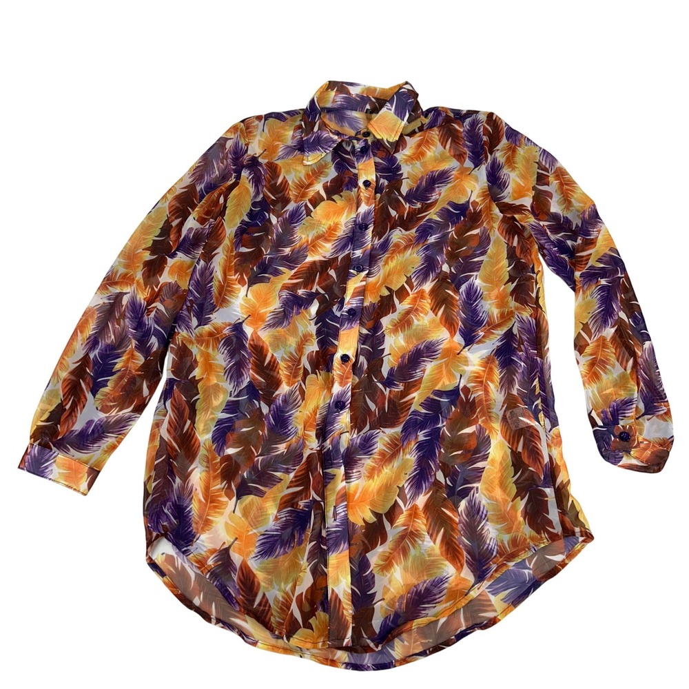 PrettyLittleThing Womens Size 2 Purple‎ Orange Feather Print Sheer Button Up